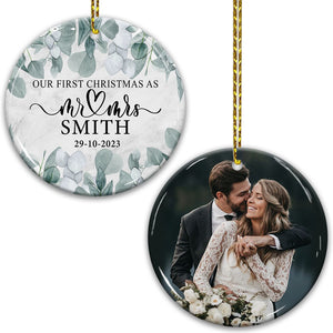 Our First Christmas As Mr & Mrs - Personalized 2 Sides Ceramic Ornament - Gift For Couple, Custom Photo Gift For Christmas