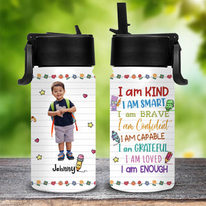 Custom 'I Am' Water Bottle for Kids, Custom Photo And Name - Personalized Kids Water Bottle With Straw Lid