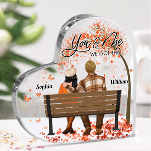 You And Me We Got This, Back View Couple Sitting - Custom Appearance  And Name - Personalized Heart Shaped Acrylic Plaque - Gift For Couple, Family