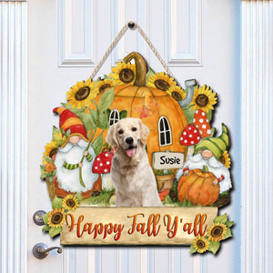 Happy Fall Y'all - Personalized Photo Wooden Door Sign - Halloween For Pets - Halloween Gift