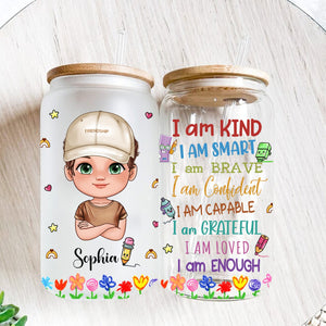 Custom "I Am" Kid Crossed Arms- Custom Appearance And Name - Personalized Glass Bottle, Frosted Bottle, Gift For Family