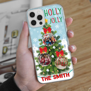 Holly Jolly - Custom 3 Photo And Family Name - Personalized Phone Case, Christmas Gift