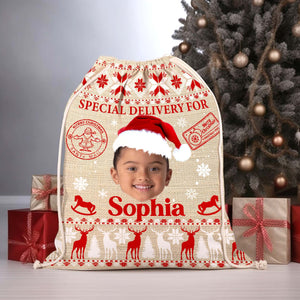 Special Delivery For Kid - Personalized Head Photo And Name String Bag, Christmas Gift, Gift For Family