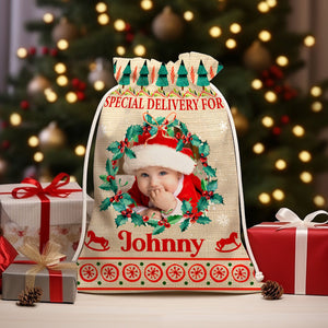 Special Delivery For Kid - Personalized Photo And Name String Bag, Christmas Gift, Gift For Family