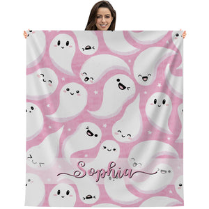 Pink Ghost  - Custom Name - Personalized Fleece Blanket, Halloween Gift