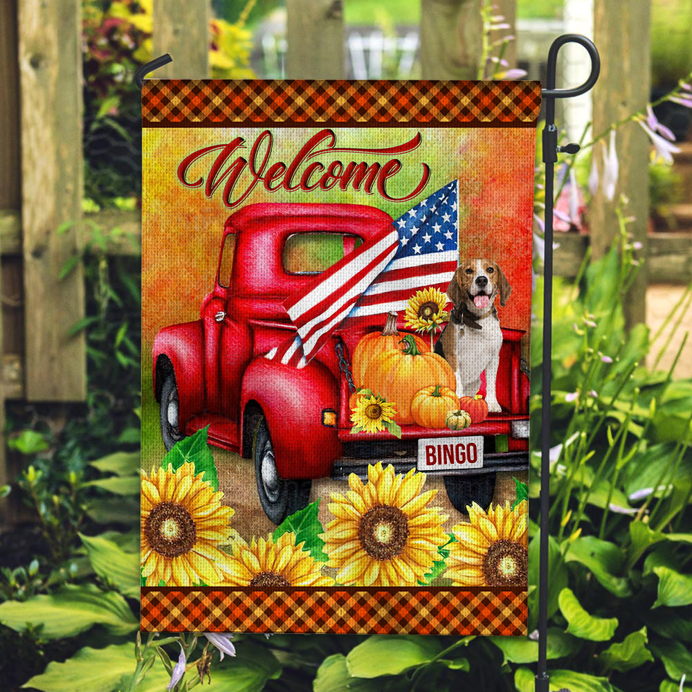 Welcome Pumpkin And Sunflower Pattern - Personalized Pet Photo & Name Flag - Gift For Pet Lovers