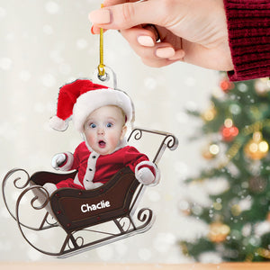 Baby In Christmas Sleigh - Custom Photo And Name, Personalized Acrylic Ornament - Gift For Christmas, Family Gift