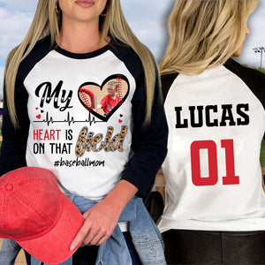 My Heart Is On That Field- Custom Photo And Name - Personalized 2 Sides Raglan Shirt - Family Gift, Gift For Baseball Lover