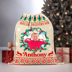 Special Delivery For Kid - Personalized Photo And Name String Bag, Christmas Gift, Gift For Family