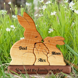 Personalized Rabbit Family Puzzle Wooden Add Base - Wooden Pet Carvings, Gift For Family, Gift For Couple