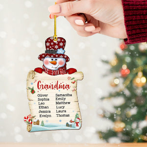 Gift For Grandma Snowman Christmas, Custom Names - Personalized Custom Shaped Wooden Ornament - Gift For Family