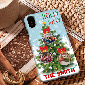 Holly Jolly - Custom 3 Photo And Family Name - Personalized Phone Case, Christmas Gift