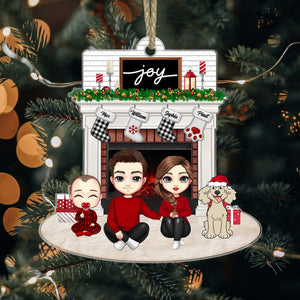 Joy Christmas Family By The Fireplace - Personalized Acrylic Ornament - Gift For Family, Xmas Gift