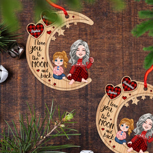 Cute Grandma & Grandkid Checkered Pattern Heart Love To The Moon - Gift For Granddaughter Grandson Personalized 2-Layered Wooden Ornament