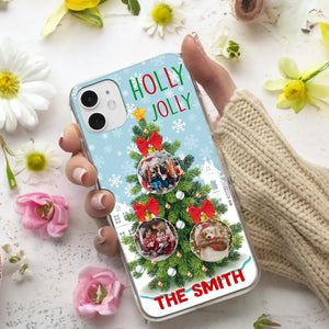 Holly Jolly - Custom 3 Photo And Family Name - Personalized Phone Case, Christmas Gift