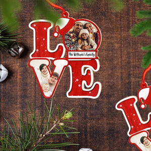 L.O.V.E For Christmas, Custom Photo And Family Name - Personalized Custom Shaped Wooden Ornament - Gift For Family