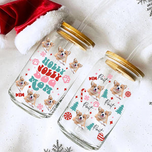 Holly Jolly Dog Mom - Cutie Puppy Christmas - Custom Photo And Name - Personalized Glass Bottle, Frosted Bottle, Gift For Pet Lover