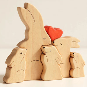 Personalized Rabbit Family Puzzle Wooden Add Base - Wooden Pet Carvings, Gift For Family, Gift For Couple