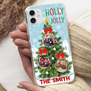 Holly Jolly - Custom 3 Photo And Family Name - Personalized Phone Case, Christmas Gift