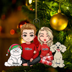 Couple Sitting With Christmas Pet, Custom Appearances And Names - Christmas Gift For Couple - Personalized Acrylic Ornament