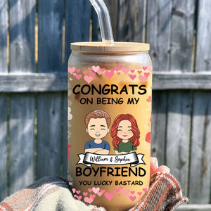 Congrats On Being My Boyfriend - Custom Appearance And Names - Personalized Glass Bottle, Frosted Bottle, Gift For Couple