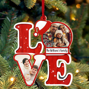 L.O.V.E For Christmas, Custom Photo And Family Name - Personalized Custom Shaped Wooden Ornament - Gift For Family