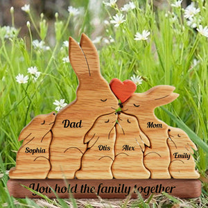 Personalized Rabbit Family Puzzle Wooden Add Base - Wooden Pet Carvings, Gift For Family, Gift For Couple