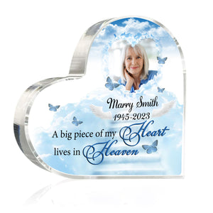 A Big Piece Of My Heart Lives In Heaven - Custom Photo And Name - Personalized Heart Shaped Acrylic Plaque - Gift For Family