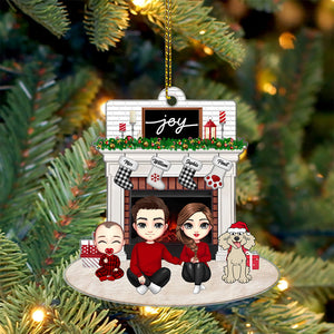 Joy Christmas Family By The Fireplace - Personalized Acrylic Ornament - Gift For Family, Xmas Gift