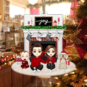 Joy Christmas Family By The Fireplace - Personalized Acrylic Ornament - Gift For Family, Xmas Gift