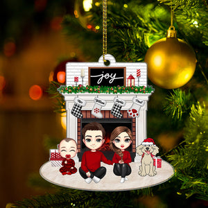 Joy Christmas Family By The Fireplace - Personalized Acrylic Ornament - Gift For Family, Xmas Gift