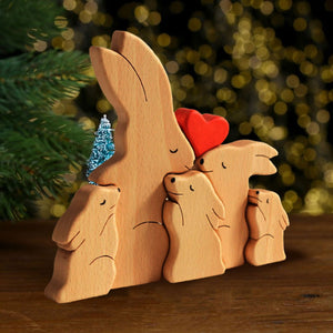 Personalized Rabbit Family Puzzle Wooden Add Base - Wooden Pet Carvings, Gift For Family, Gift For Couple