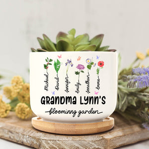 Birth Month Flower - Personalized Ceramic Plant Pot With Wooden Base - Home Decoration Gifts