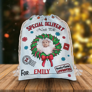 Merry Christmas Special Delivery North Pole For Kid - Custom Photo And Name, Personalized String Bag, Gift For Family, Christmas Gift