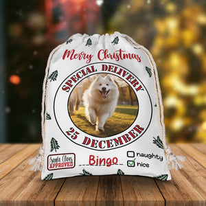 Merry Christmas Special Delivery 25 December - Custom Photo And Name, Personalized String Bag, Gift For Pet Lover, Christmas Gift