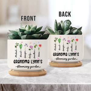 Birth Month Flower - Personalized Ceramic Plant Pot With Wooden Base - Home Decoration Gifts