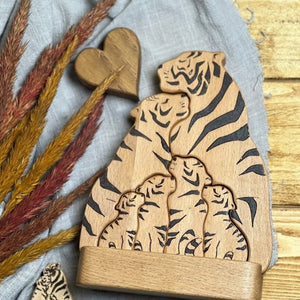 Man, Woman Couple Gift, Dad, Mom And Kids, Personalized Tiger Puzzle Wooden - Wooden Pet Carvings - Gift For Family