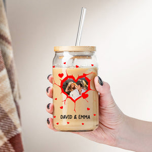 Couple Heart Shape - Custom Photo And Names - Personalized Glass Bottle, Frosted Bottle, Gift For Couple