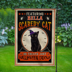 Scaredy Black Cat No Treats Just Tricks - Personalized Cat Photo And Name Flag - Gift For Pet Lovers, Halloween Gift