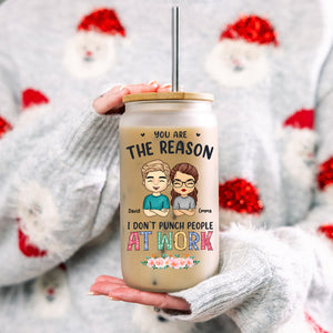 You Are The Reason I Don't Punch People At Work  - Custom Appearances And Names - Personalized Glass Bottle, Frosted Bottle, Gift For Couple