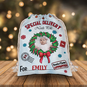 Merry Christmas Special Delivery North Pole For Kid - Custom Photo And Name, Personalized String Bag, Gift For Family, Christmas Gift