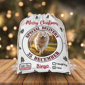 Merry Christmas Special Delivery 25 December - Custom Photo And Name, Personalized String Bag, Gift For Pet Lover, Christmas Gift