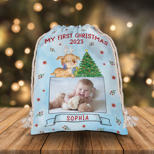 Baby First Christmas - Custom Photo And Name, Personalized String Bag, Gift For Family, Christmas Gift