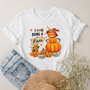 I Love Being Fall Grandma Pumpkin - Custom Name - Personalized T-Shirt - Halloween Family Gift